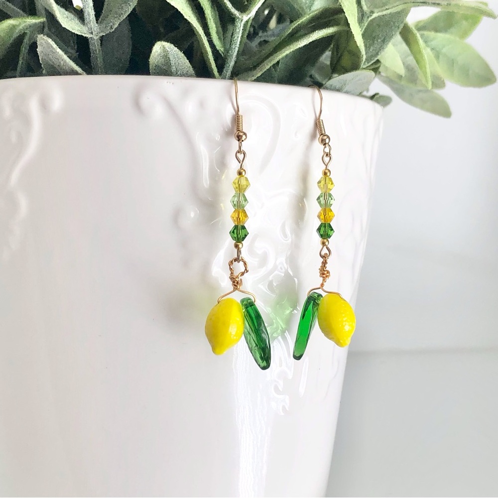 New Handmade Playful Glass Lemon Drop Citrus Fruit Yellow and Green Earrings - Picture 5 of 11
